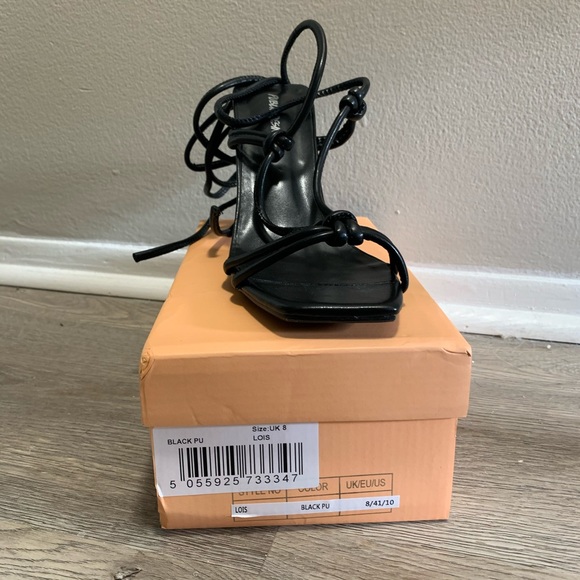 Public Desire Black Leather Lace Up Heeled Sandals - Picture 4 of 5